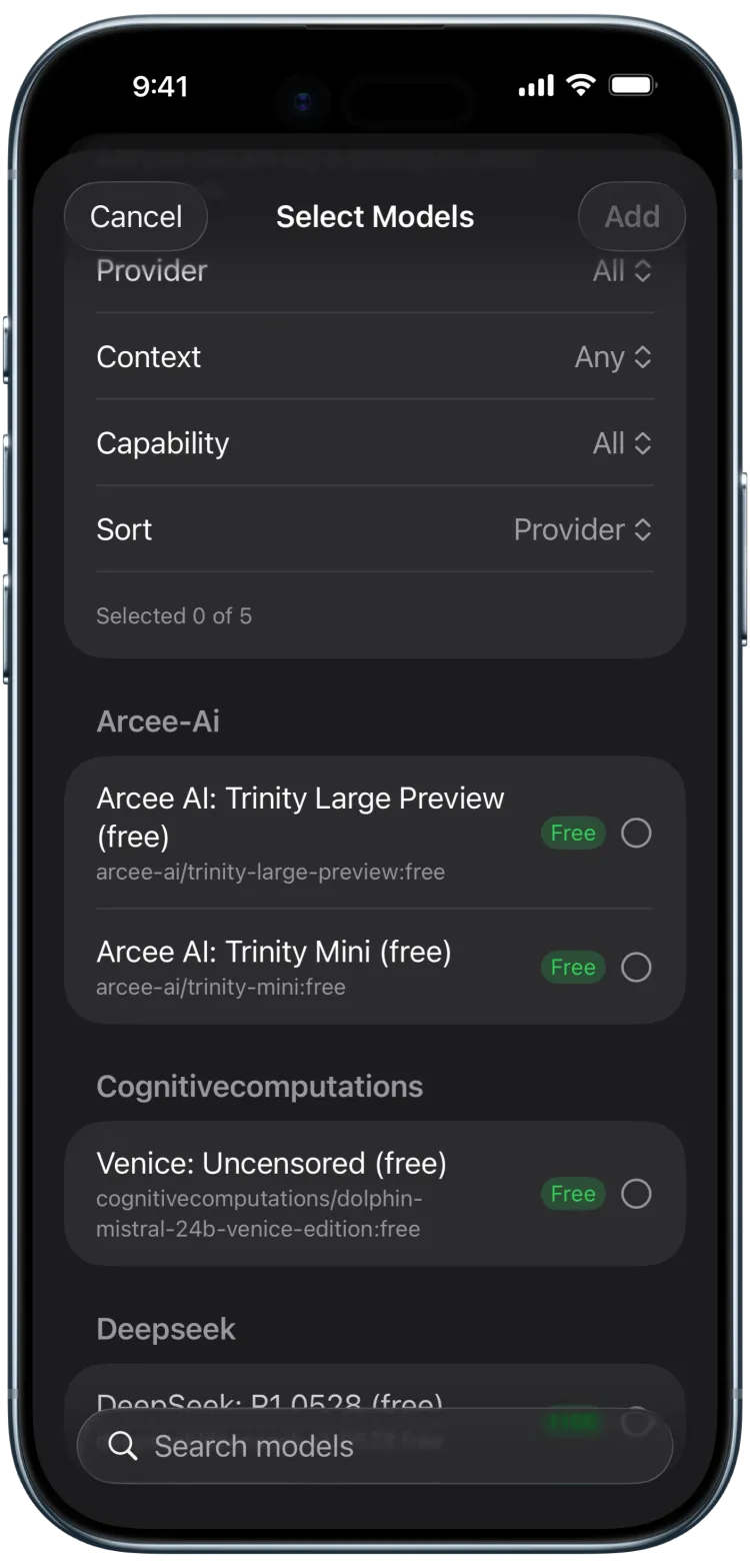InOrbit model picker — filter and select AI models